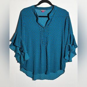 Vince Camuto Teal Diamond Blouse Ruffle 3/4 Sleeve Top Medium